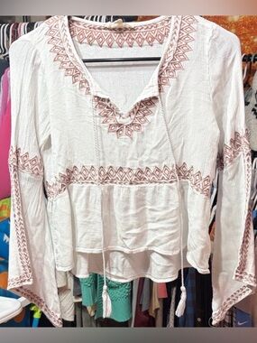 🧡 OneTheLand Embroidered Peasant Boho Tassel Tie Long Sleeve Blouse | Small ✨